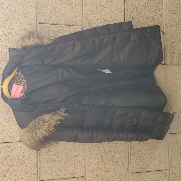 Betsey Johnson Black Faux Fur Trim Hood Lace Up Puffer Coat Jacket. - Picture 11 of 16